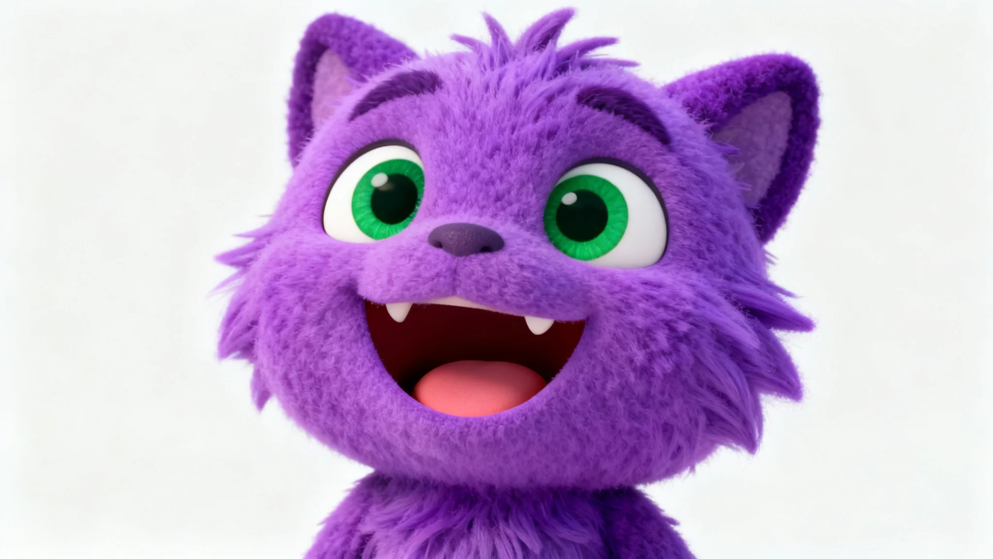 A close-up of a whimsical purple puppet with green eyes, captured mid-laugh to demonstrate face puppet animation, set against a plain white background.