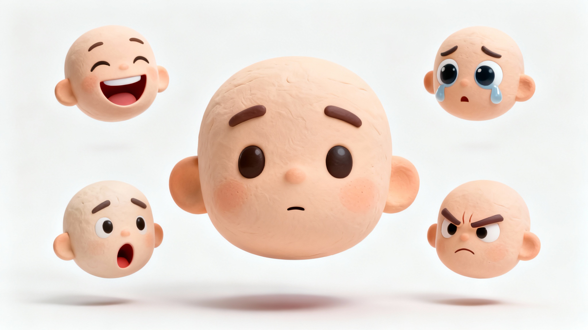 A 3D rendering of a character's head with a neutral expression, surrounded by four smaller heads of the same character showing happiness, sadness, surprise, and anger, illustrating the concept of face puppet animation.