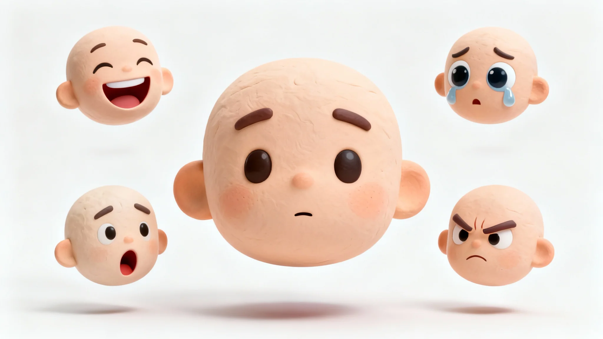 A 3D rendering of a character's head with a neutral expression, surrounded by four smaller heads of the same character showing happiness, sadness, surprise, and anger, illustrating the concept of face puppet animation.