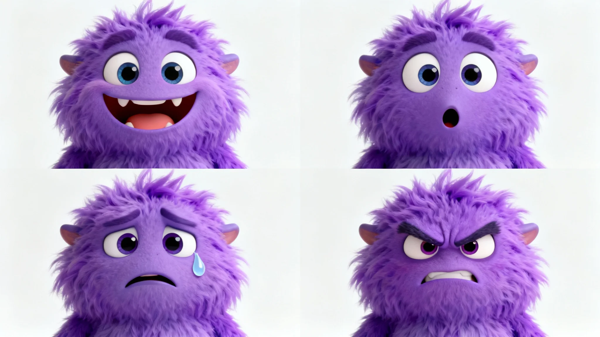A 3D render showing four different facial expressions of a cute purple monster puppet, demonstrating face puppet animation on a white background.