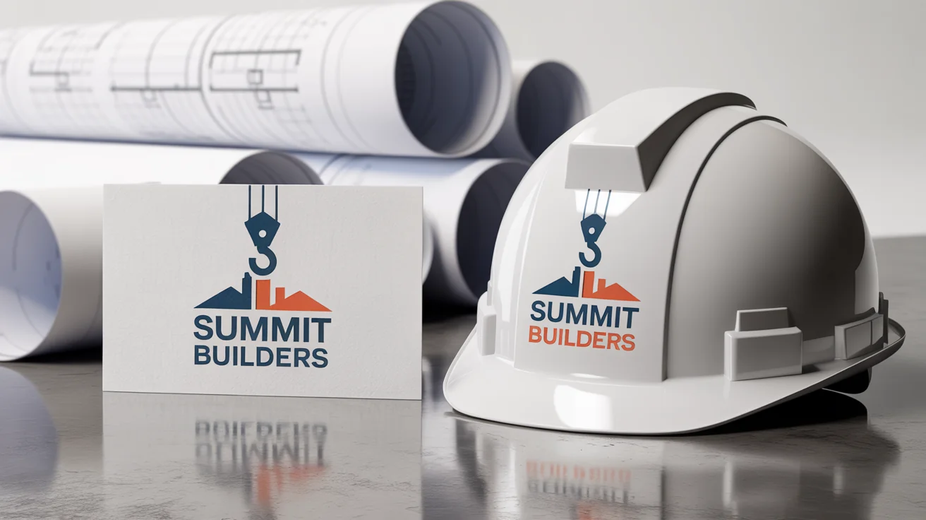 A professionally designed construction logo for 'Summit Builders' mocked up on a business card and a white hard hat, set against a background with blueprints.