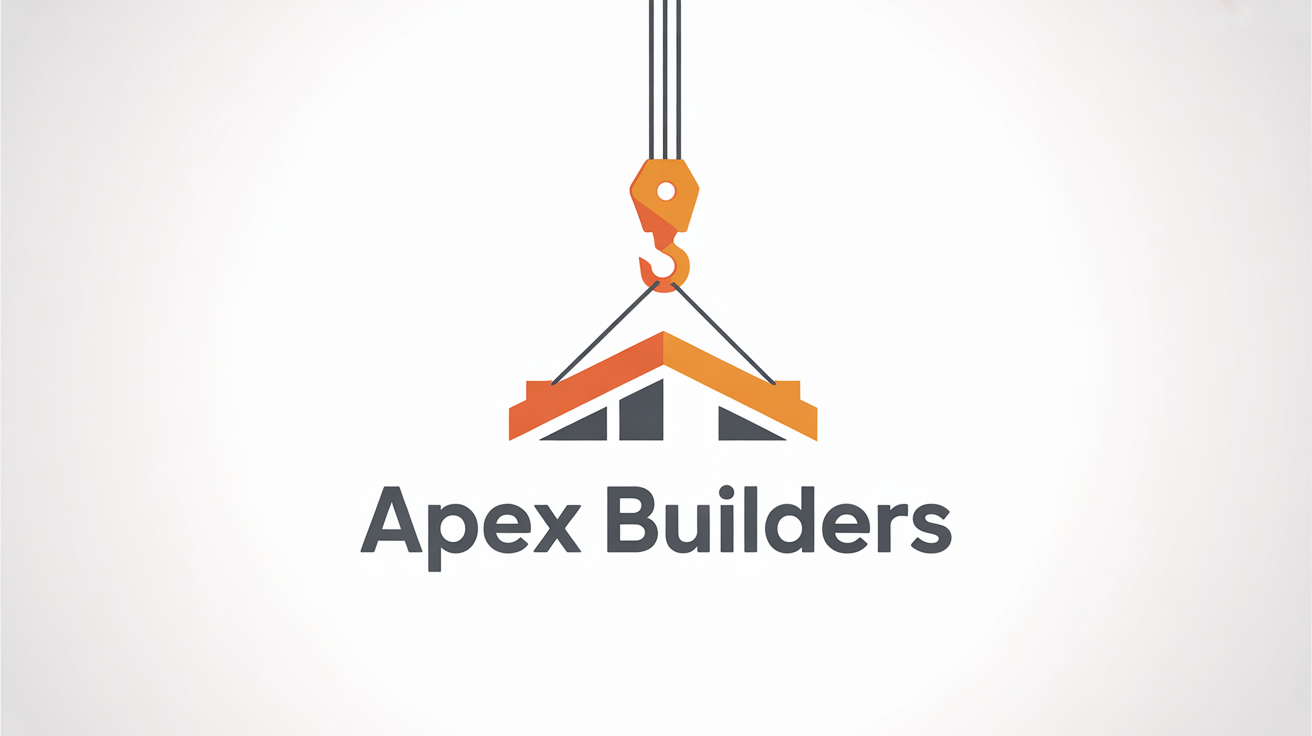 A modern construction logo for 'Apex Builders' featuring a stylized orange crane hook and gray I-beam on a white background.