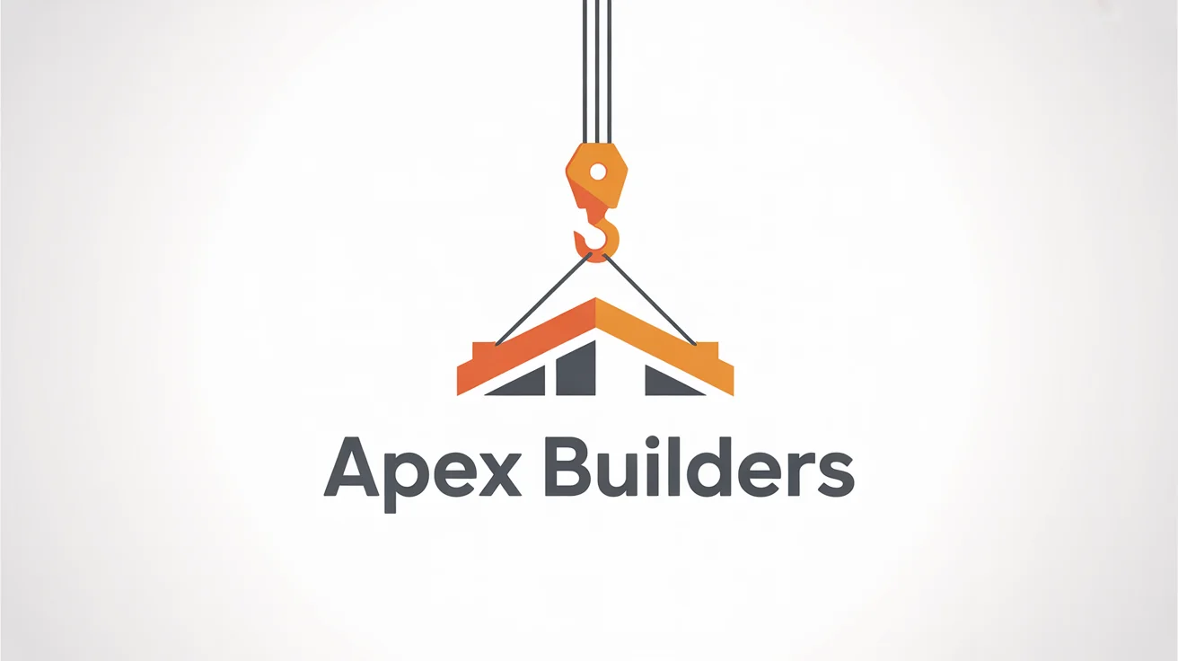A modern construction logo for 'Apex Builders' featuring a stylized orange crane hook and gray I-beam on a white background.