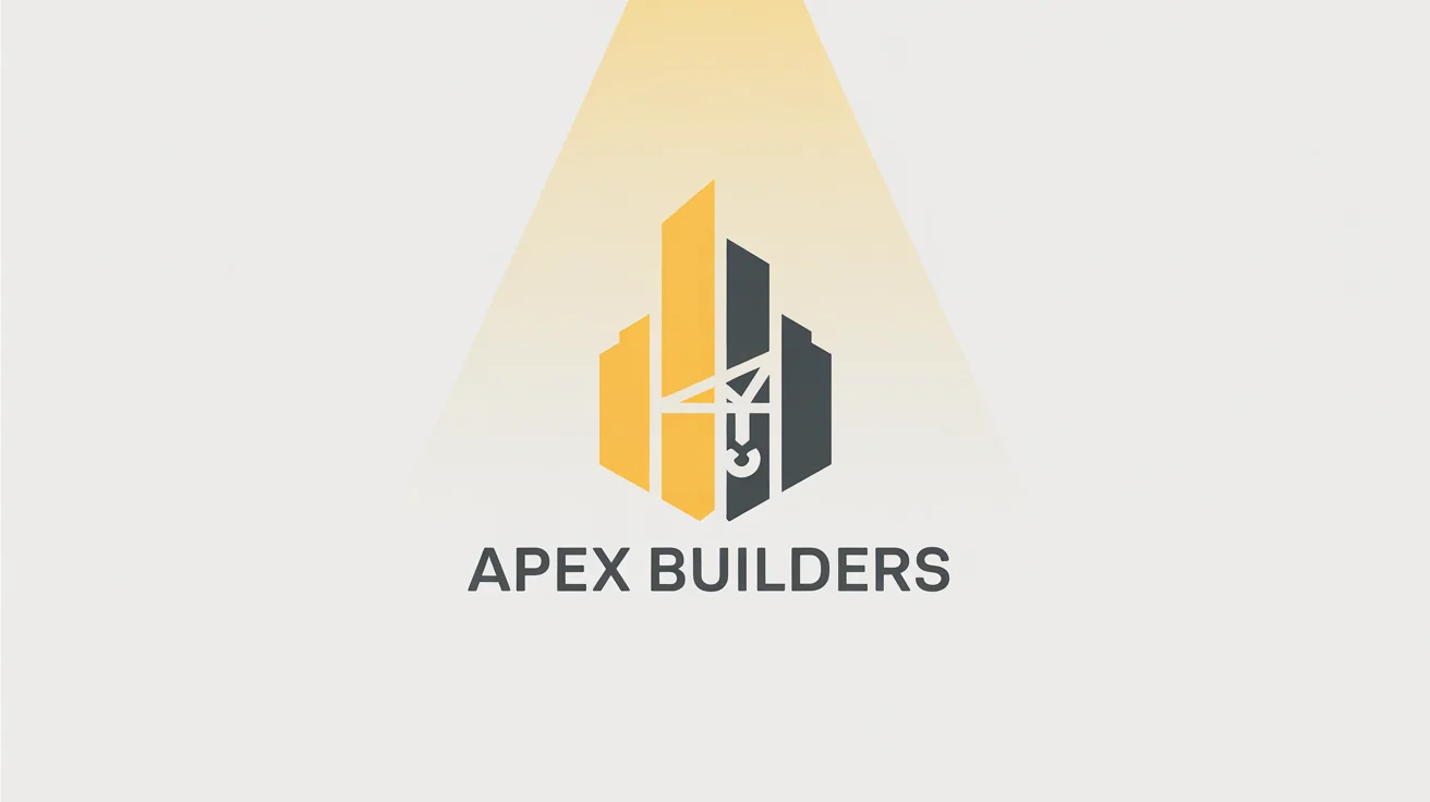 A modern construction logo for 'APEX Builders', featuring a yellow and gray icon of a skyscraper and crane, on a white background.