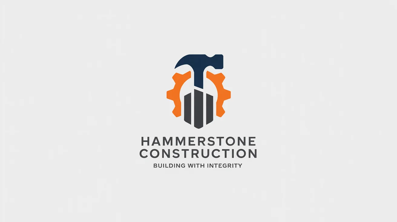 A mockup of a modern logo for 'Hammerstone Construction', featuring an emblem of a hammer, gear, and building, on a white background.