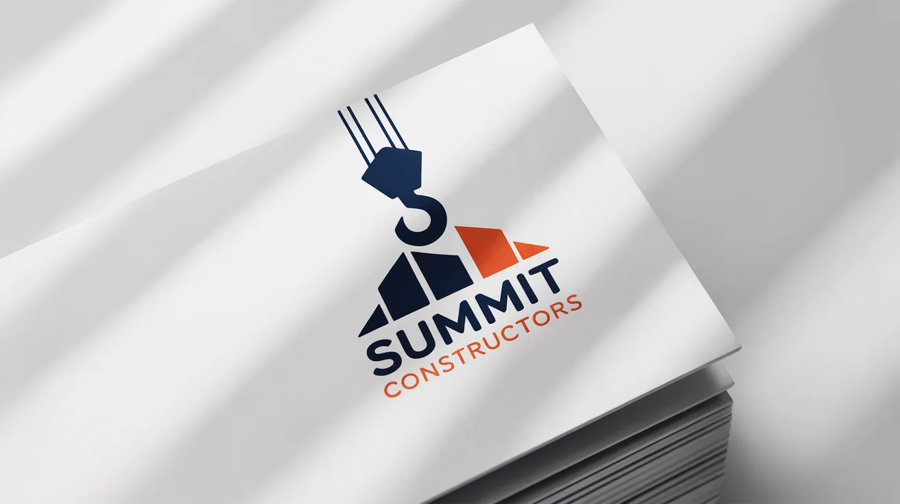 A mockup of a modern construction logo for 'Summit Constructors' printed on white cardstock. The logo features a navy blue and orange icon of a crane and a building.