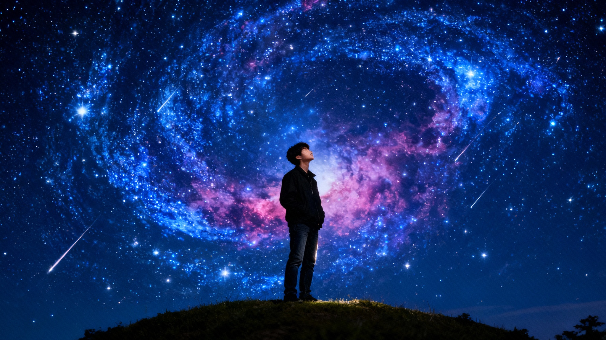 A young man stands on a hill at night, looking up at a sky that has been digitally enhanced with a spectacular display of countless twinkling stars, vibrant nebulas, and shooting stars, creating a magical atmosphere.