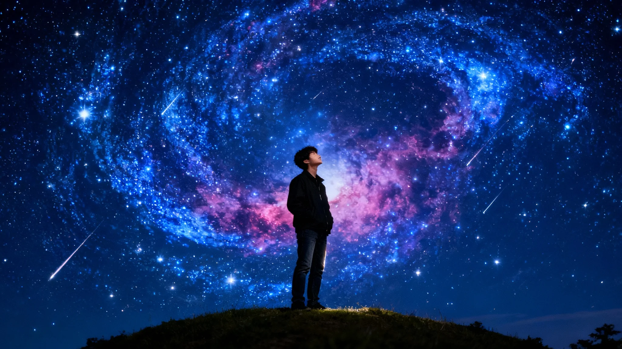 A young man stands on a hill at night, looking up at a sky that has been digitally enhanced with a spectacular display of countless twinkling stars, vibrant nebulas, and shooting stars, creating a magical atmosphere.