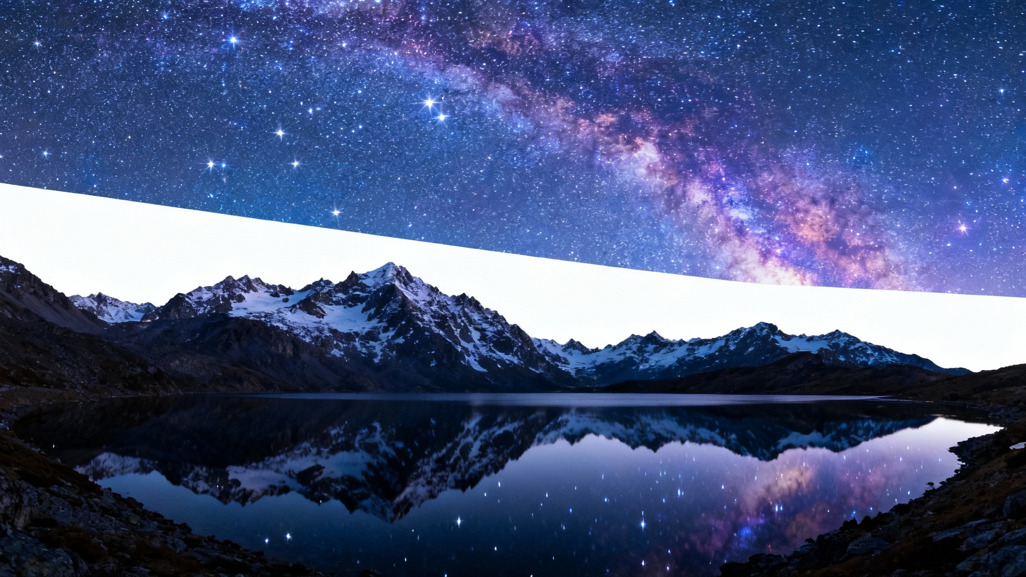 A nighttime mountain landscape photo that has been edited to include a sky filled with an impossibly large number of bright, sparkling stars, which are reflected in a calm lake below.