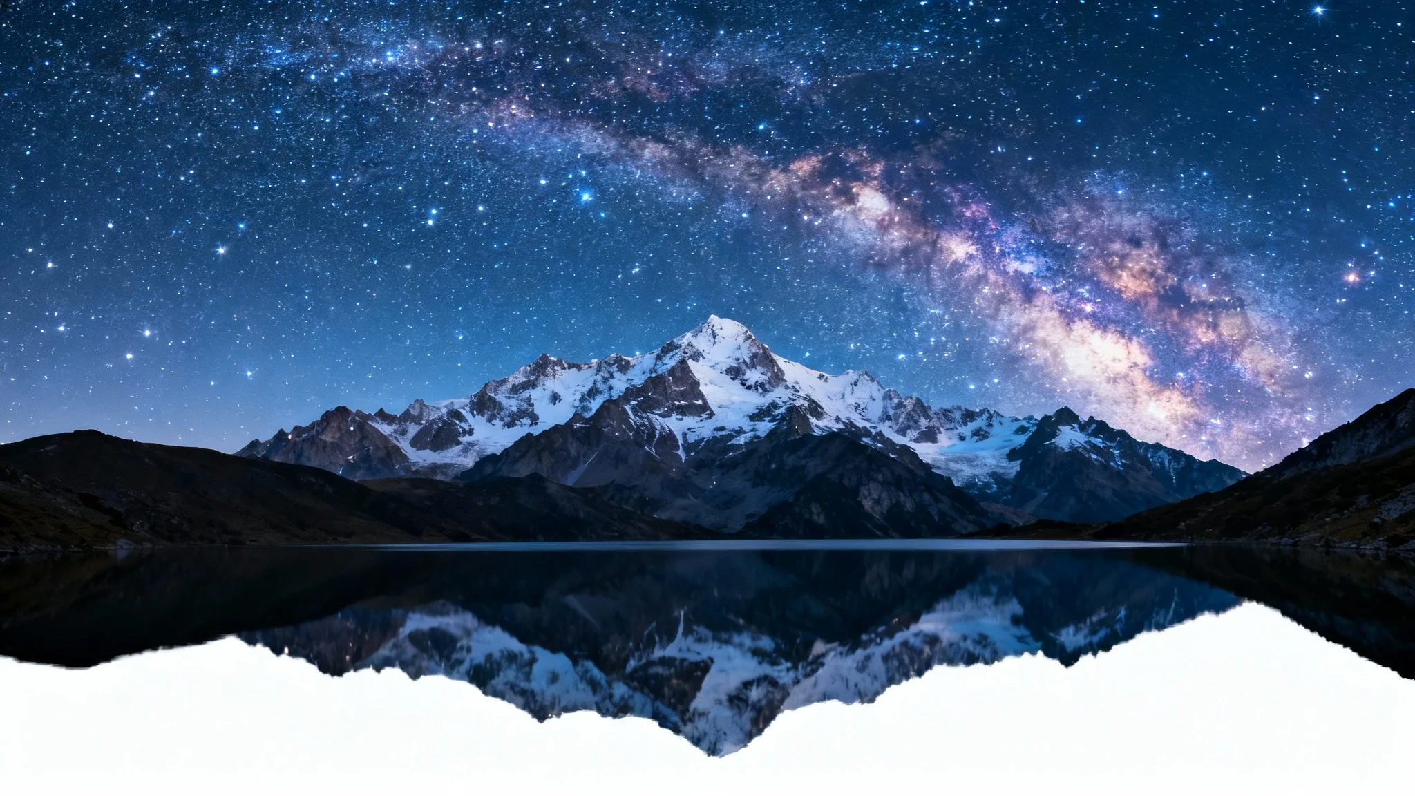 A stunning night photograph of a mountain range reflected in a calm lake, with the sky filled with an impossibly dense and beautiful field of stars, demonstrating a photo editing effect.