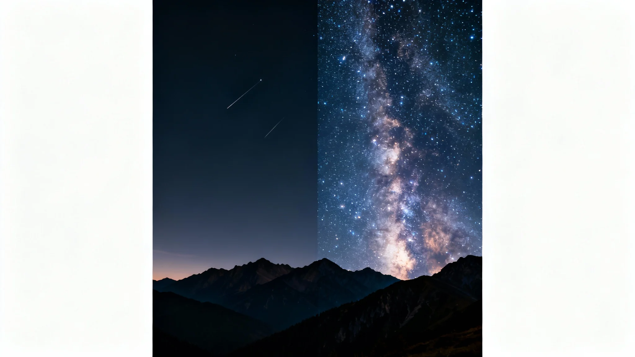 A before-and-after photo comparison. The 'before' side shows a mountain landscape at dusk with a plain sky. The 'after' side shows the same landscape with a magnificent, star-filled night sky and the Milky Way.