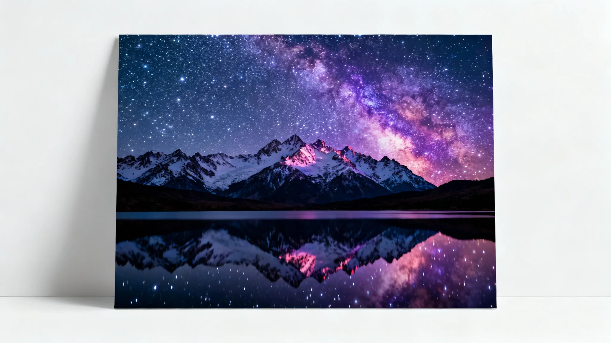 A mockup of a landscape photograph on a white background. The photo shows a mountain and lake at night under a sky filled with an impossibly large number of brilliant stars.