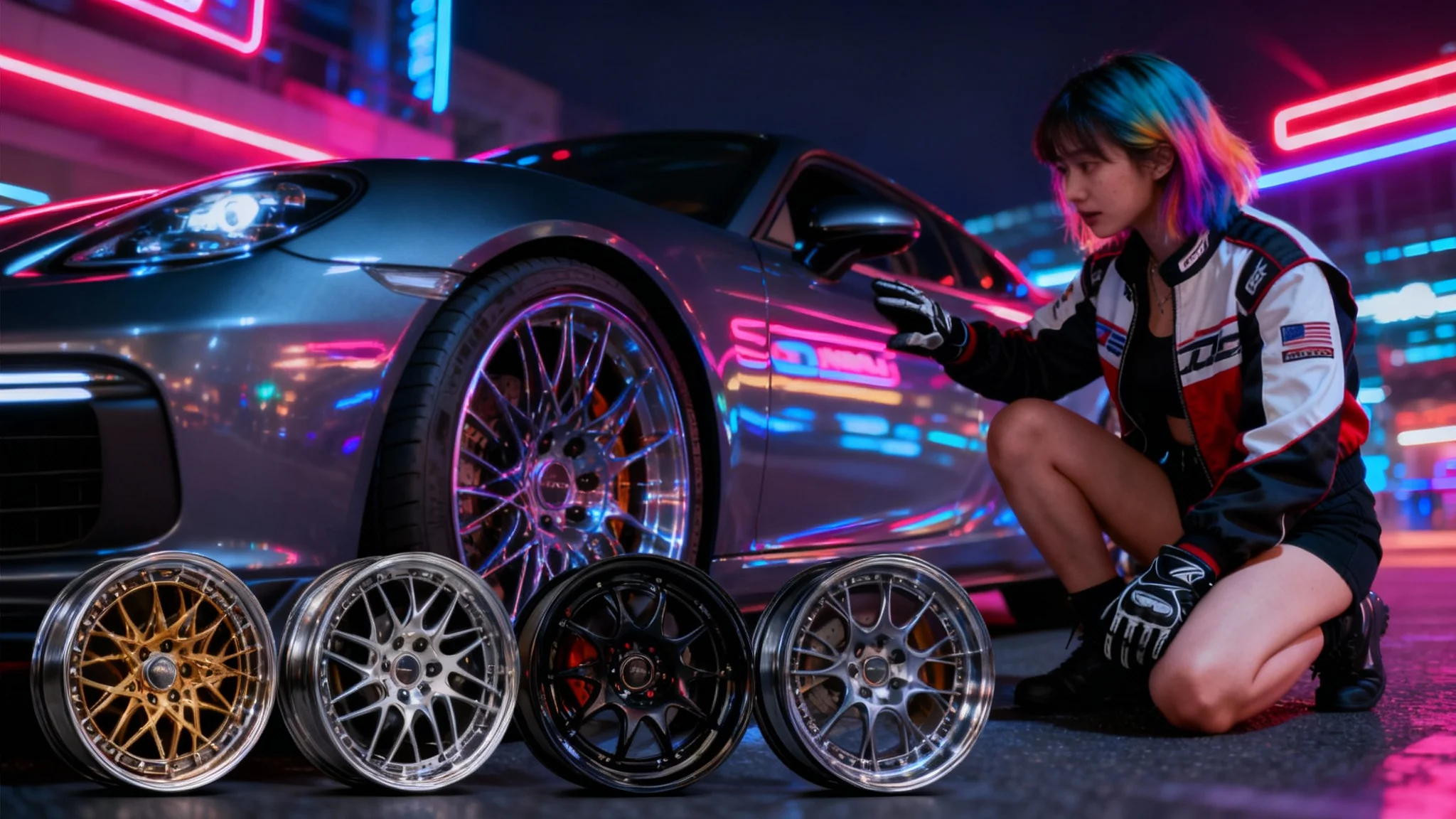 A sleek sports car in a neon-lit city at night, shown after using a rim visualizer. It has four distinctly different custom rims on its wheels, with a stylish woman looking on in amazement at the result.
