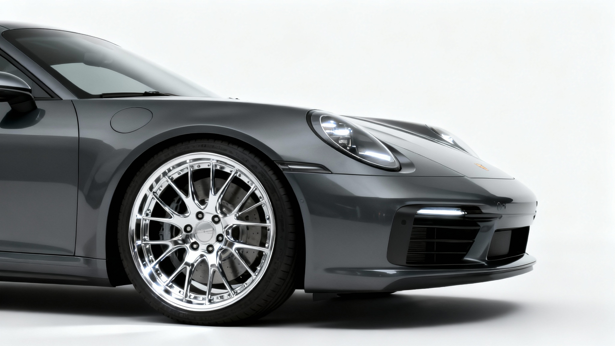 A photorealistic image of a sleek charcoal grey sports car with large, shiny chrome rims, presented as a mockup against a plain white background.