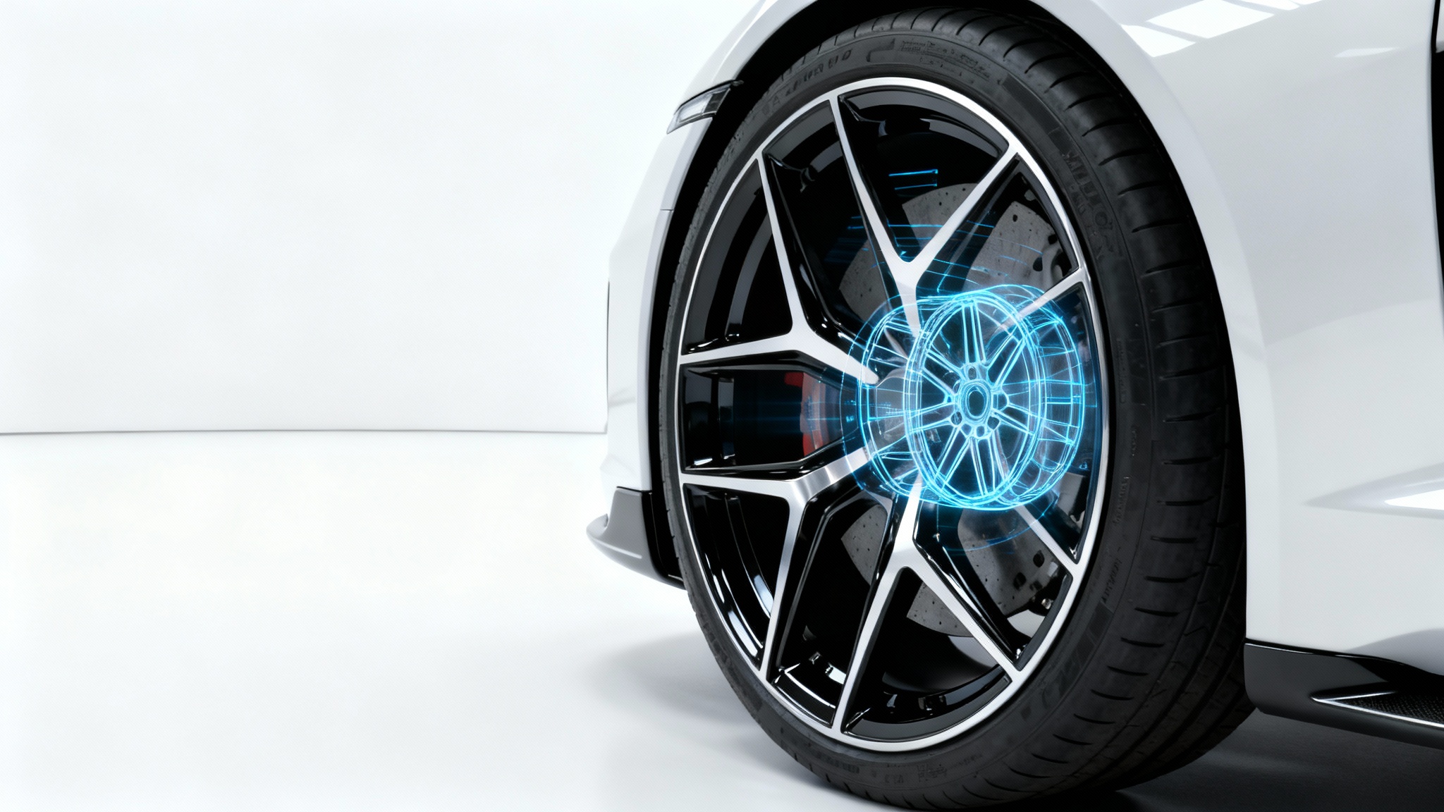 A close-up image of a luxury sports car's wheel with a custom alloy rim against a white background, a holographic effect around it shows an alternative rim design, representing a car rim visualizer.