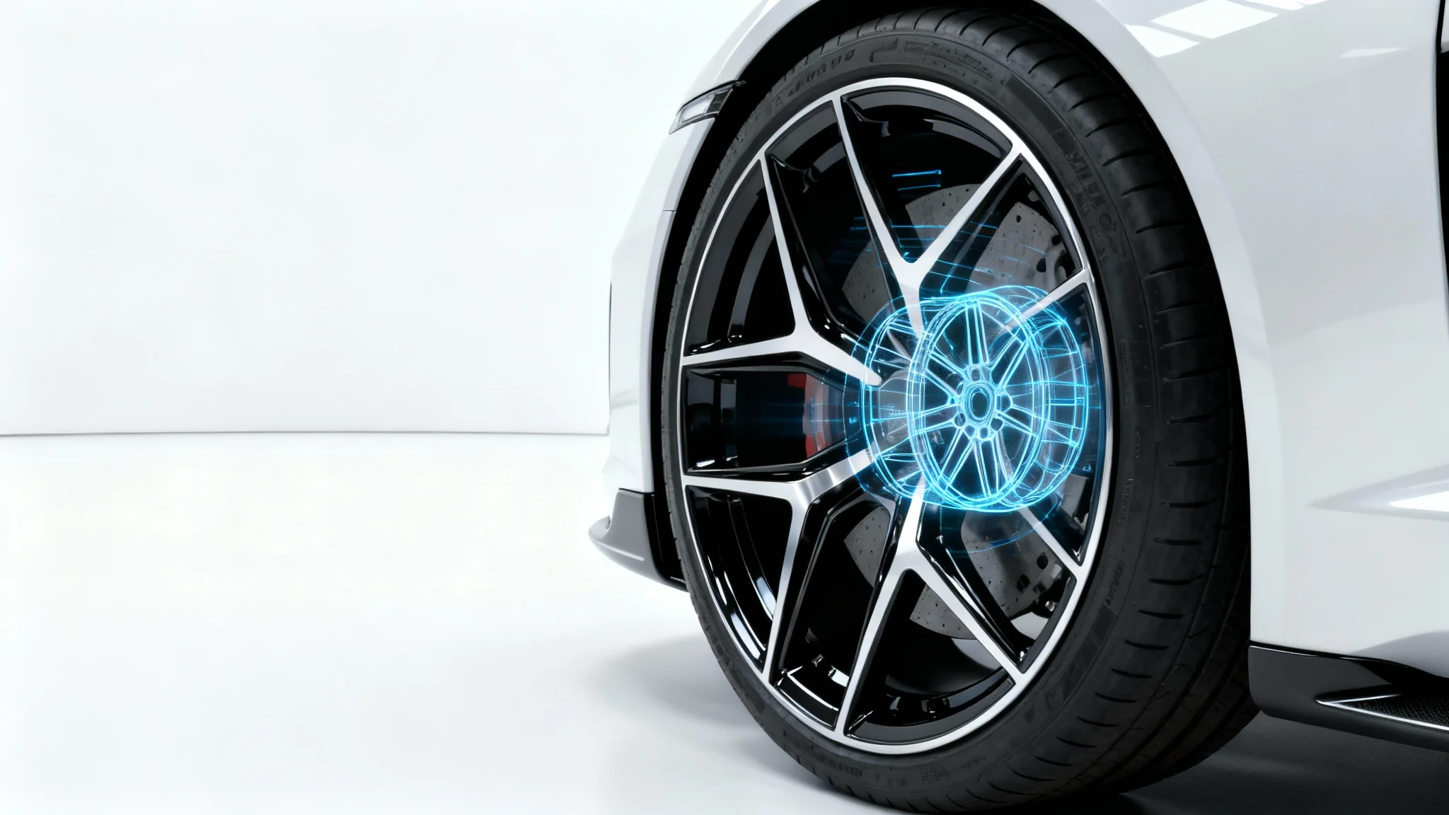 A close-up image of a luxury sports car's wheel with a custom alloy rim against a white background, a holographic effect around it shows an alternative rim design, representing a car rim visualizer.