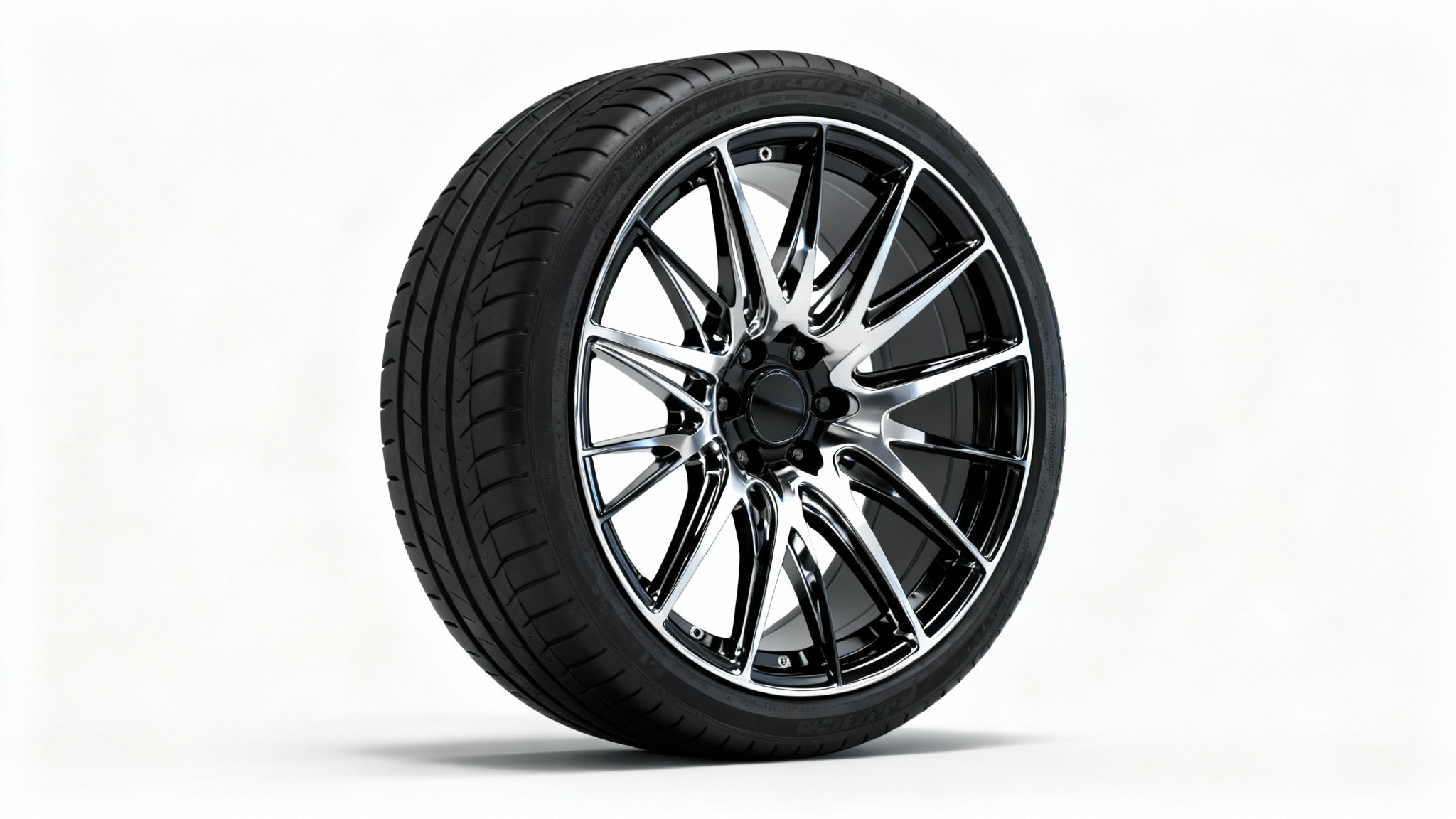 A close-up studio shot of a high-performance car wheel with a detailed, custom multi-spoke rim, isolated against a clean white background.