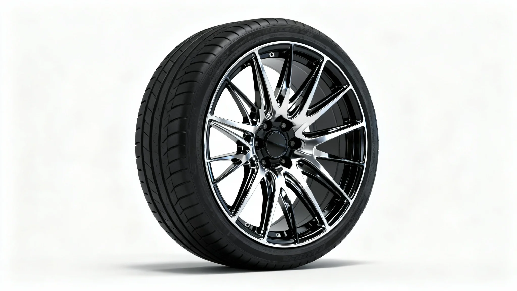 A close-up studio shot of a high-performance car wheel with a detailed, custom multi-spoke rim, isolated against a clean white background.