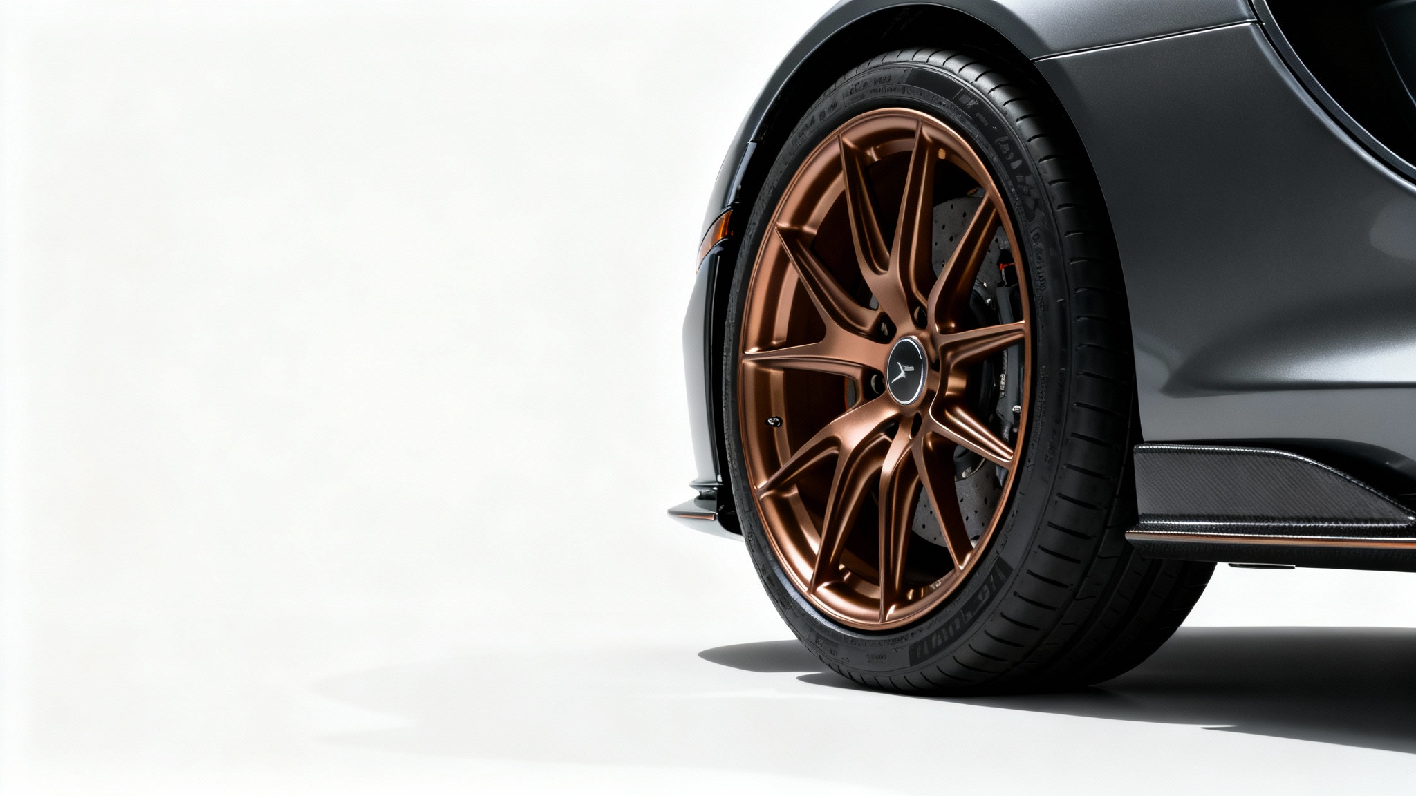 A close-up studio shot of a high-performance car wheel with a custom matte bronze multi-spoke rim, set against a clean white background.