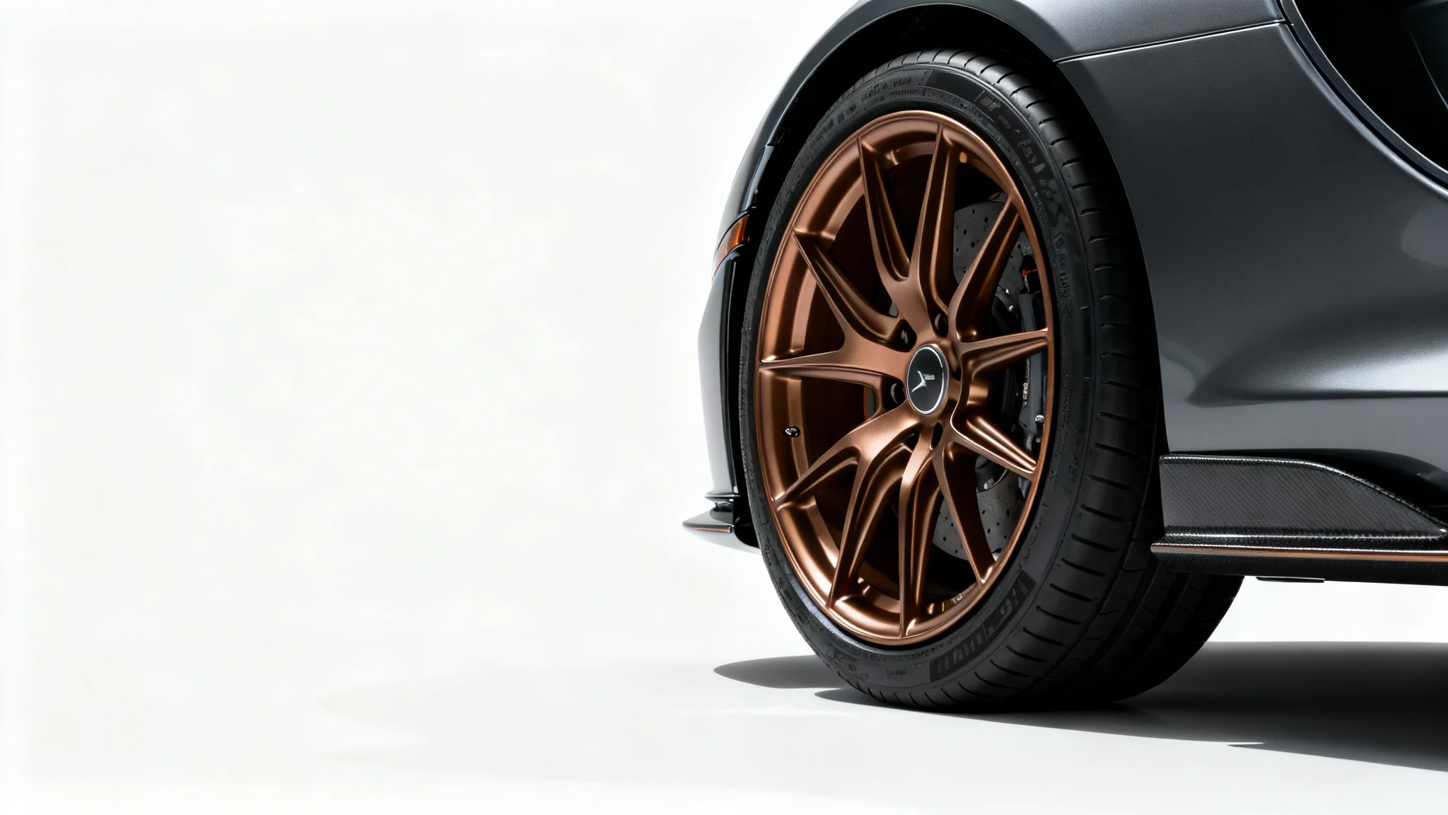 A close-up studio shot of a high-performance car wheel with a custom matte bronze multi-spoke rim, set against a clean white background.