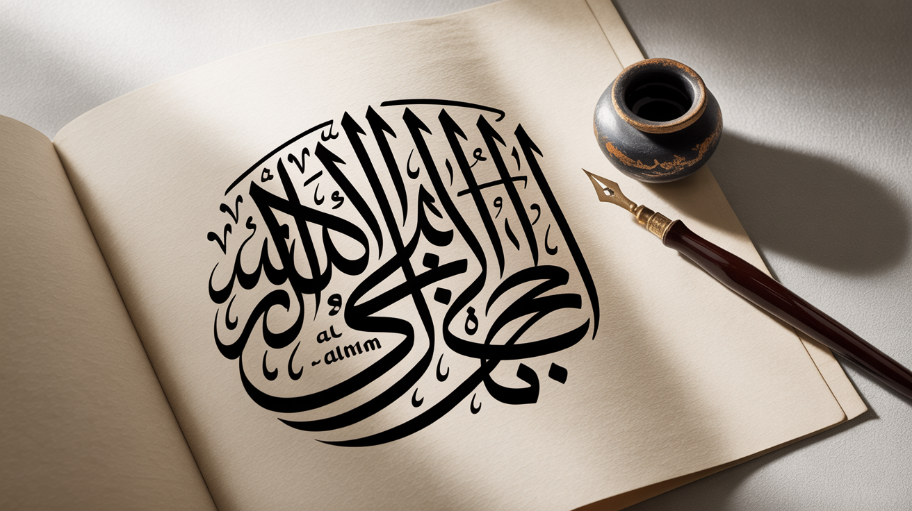 An elegant mockup of Thuluth calligraphy featuring the phrase 'Bismillah al-Rahman al-Rahim' in black ink on textured paper, with a calligraphy pen and inkwell nearby, set against a white background.
