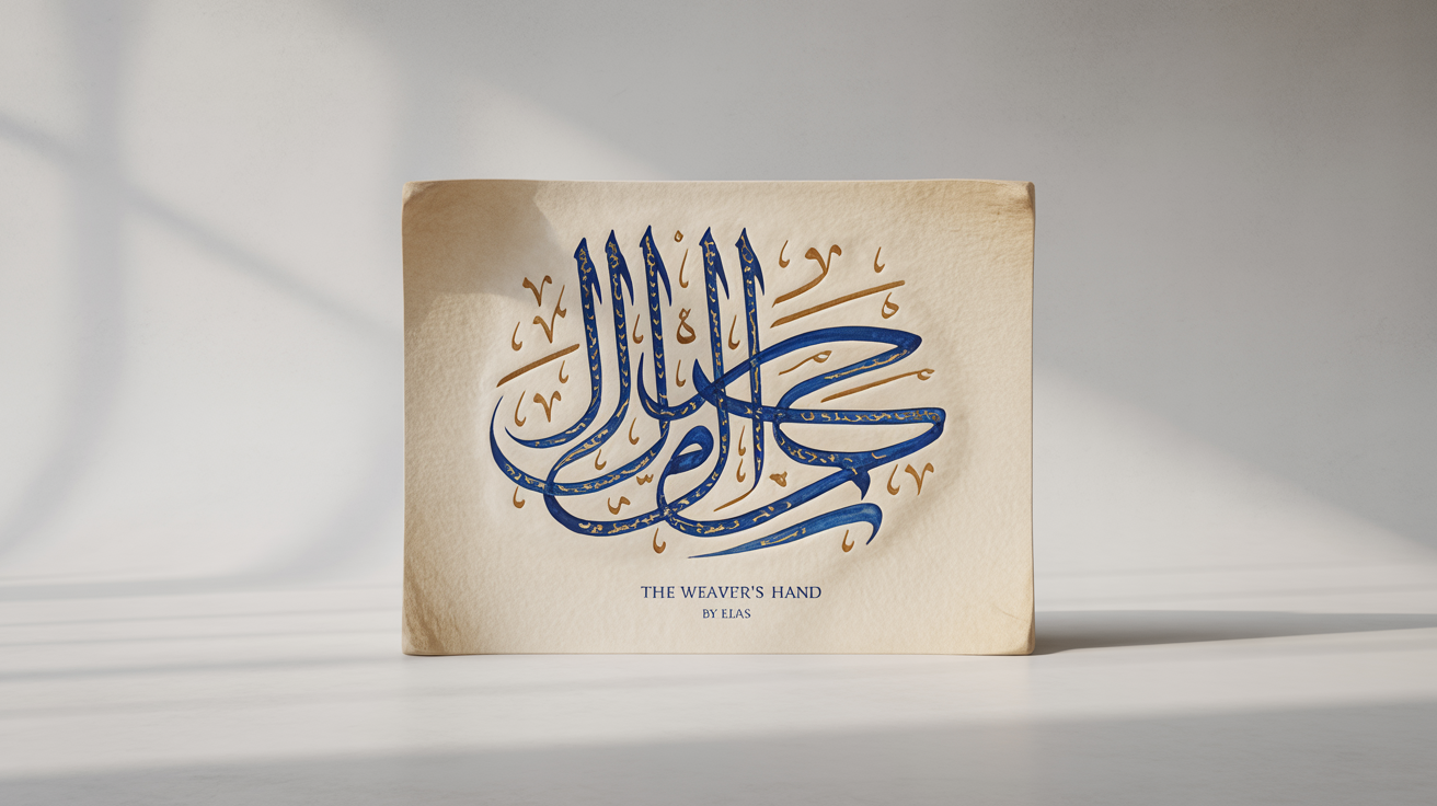 A photorealistic mockup of a Thuluth calligraphy artwork on cream parchment against a white background. The piece, titled 'The Weaver's Hand' by 'Elias', features deep blue ink script with intricate gold leaf details.