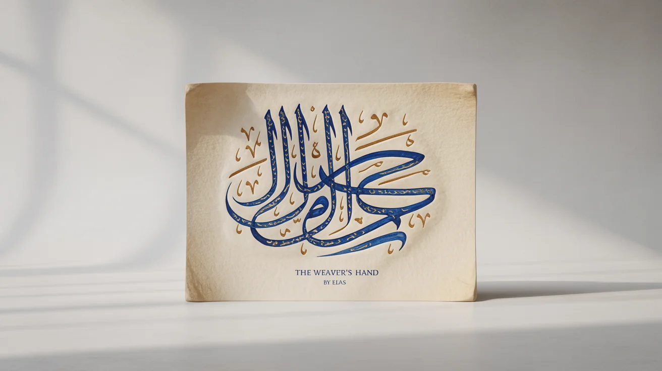 A photorealistic mockup of a Thuluth calligraphy artwork on cream parchment against a white background. The piece, titled 'The Weaver's Hand' by 'Elias', features deep blue ink script with intricate gold leaf details.