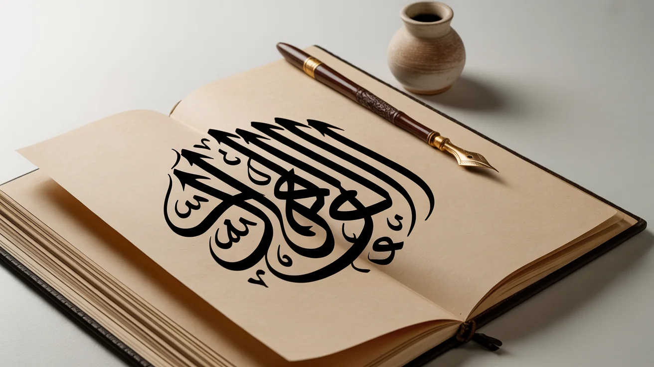 A top-down photo of a beautiful Thuluth calligraphy artwork showing the Arabic phrase 'Al-ḥamdu lillāh' in black ink on textured cream paper, with a reed pen and inkwell beside it, all on a clean white background.