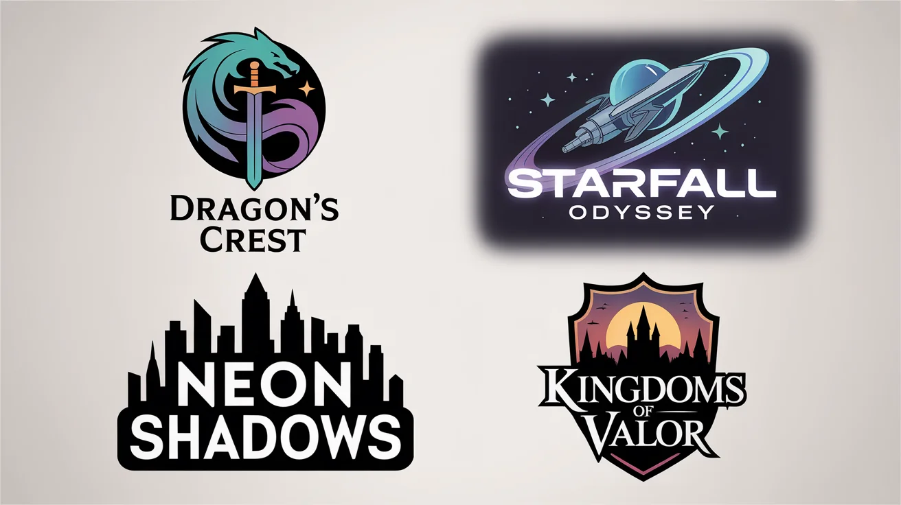 A showcase of four professionally designed roleplay logos in a 2x2 grid. The logos represent fantasy (a dragon and sword), sci-fi (a spaceship), urban noir (a cityscape), and medieval (a castle crest) genres, demonstrating the variety of a logo generator's output.