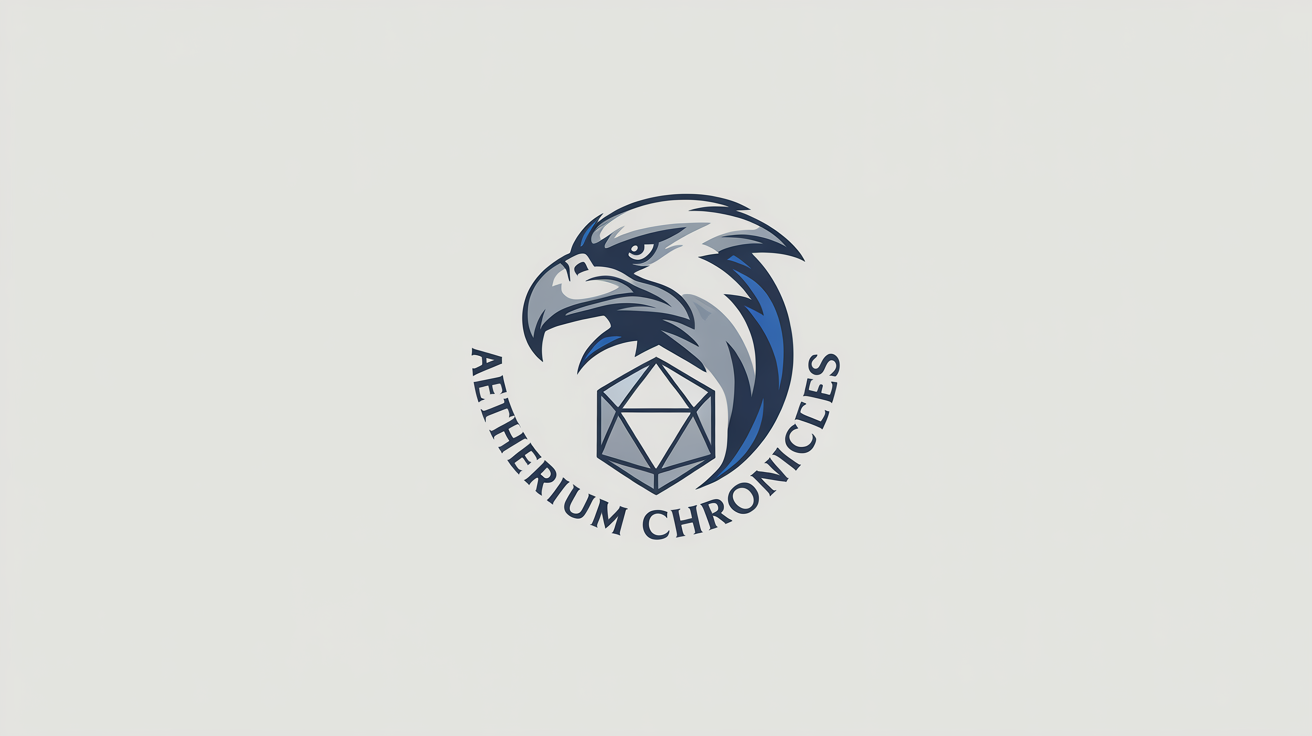 A professional roleplay logo for 'Aetherium Chronicles', featuring a blue and silver griffin clutching a glowing 20-sided die, on a clean white background.