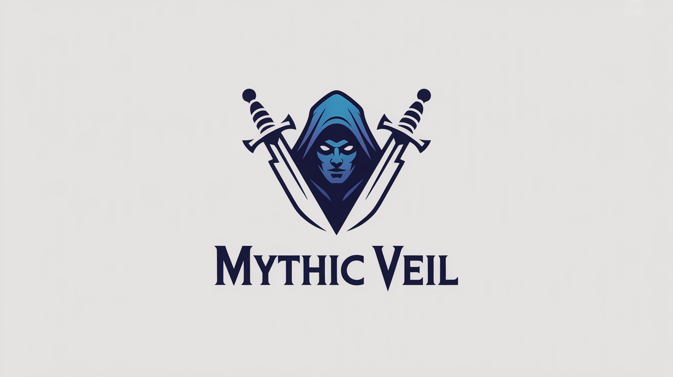 A professional logo mockup for a roleplaying game named 'Mythic Veil', featuring a hooded fantasy figure with glowing eyes and daggers on a white background.