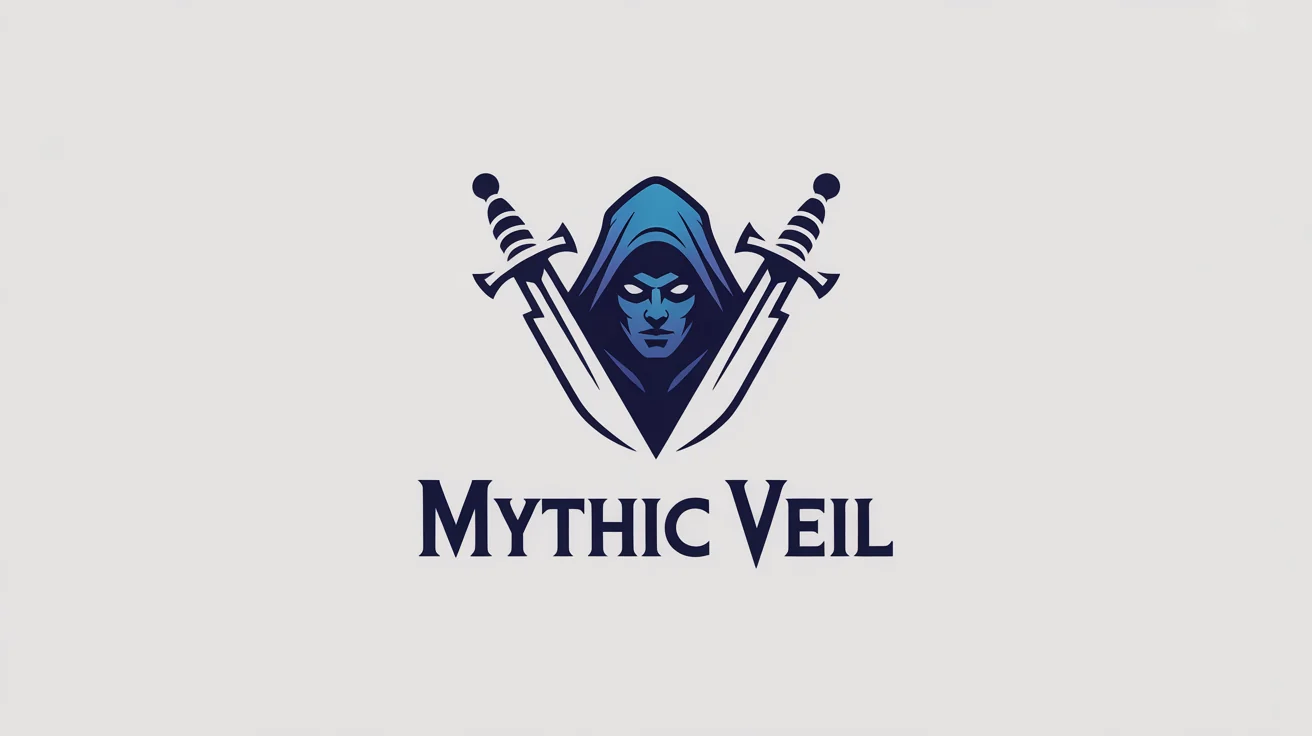 A professional logo mockup for a roleplaying game named 'Mythic Veil', featuring a hooded fantasy figure with glowing eyes and daggers on a white background.