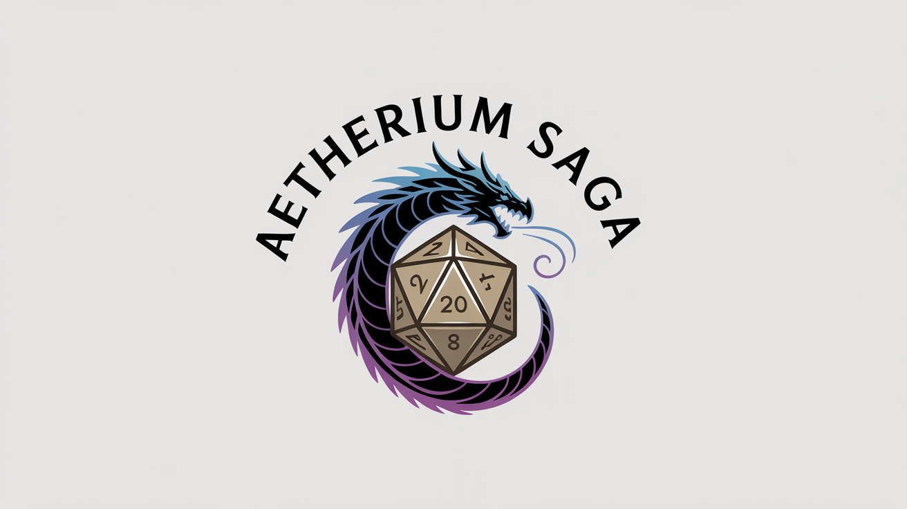 A modern roleplaying game logo featuring a purple and blue dragon coiled around a golden d20 die, with the text 'AETHERIUM SAGA' below it, on a white background.