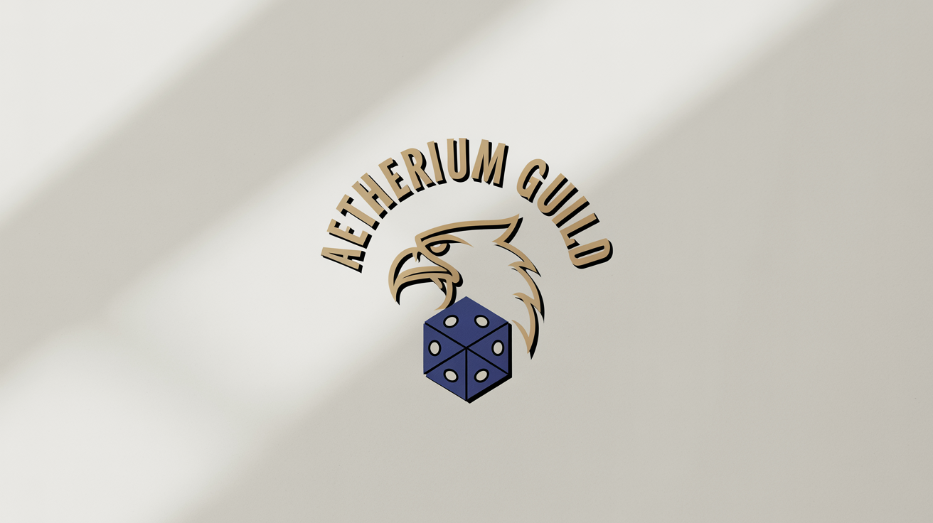 A professional logo for the 'Aetherium Guild' roleplaying group, showing a golden griffin's head next to a blue 20-sided die, all on a clean white background.