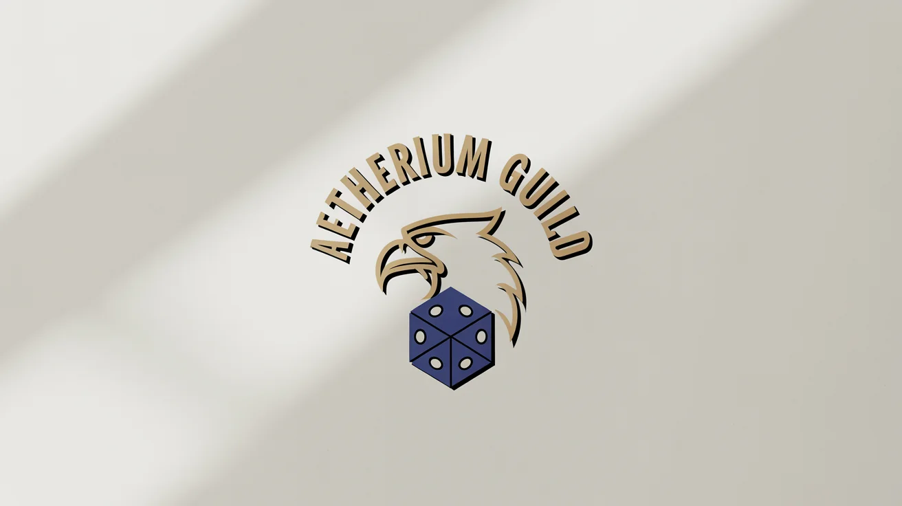 A professional logo for the 'Aetherium Guild' roleplaying group, showing a golden griffin's head next to a blue 20-sided die, all on a clean white background.