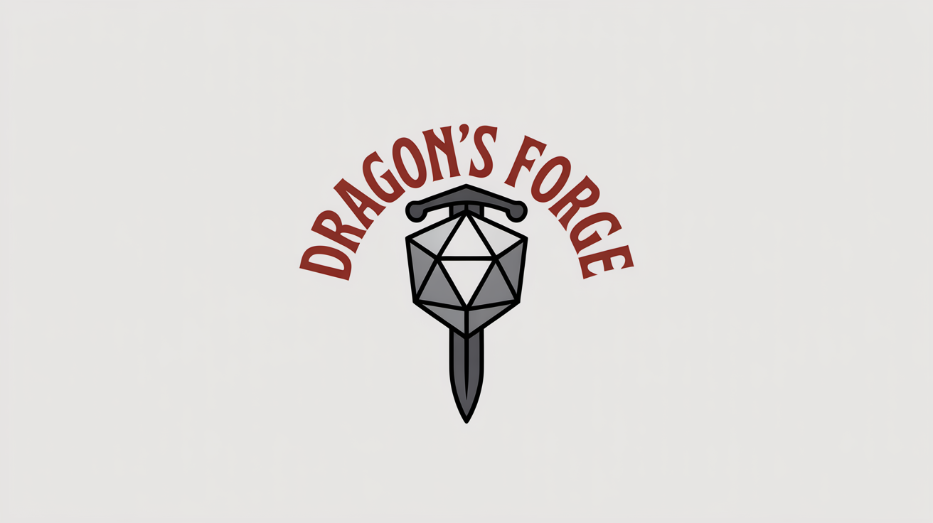A role-playing group logo featuring a shield with a sword and a 20-sided die, with the text 'DRAGON'S FORGE' above it. The logo is in red, silver, and grey on a white background.