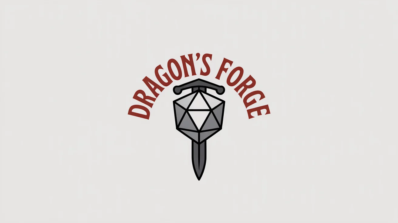 A role-playing group logo featuring a shield with a sword and a 20-sided die, with the text 'DRAGON'S FORGE' above it. The logo is in red, silver, and grey on a white background.