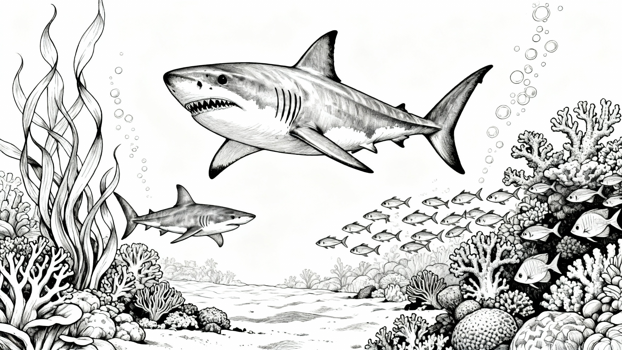 A detailed black and white coloring page illustration of an underwater scene, featuring a Great White shark and a Hammerhead shark swimming through a coral reef.