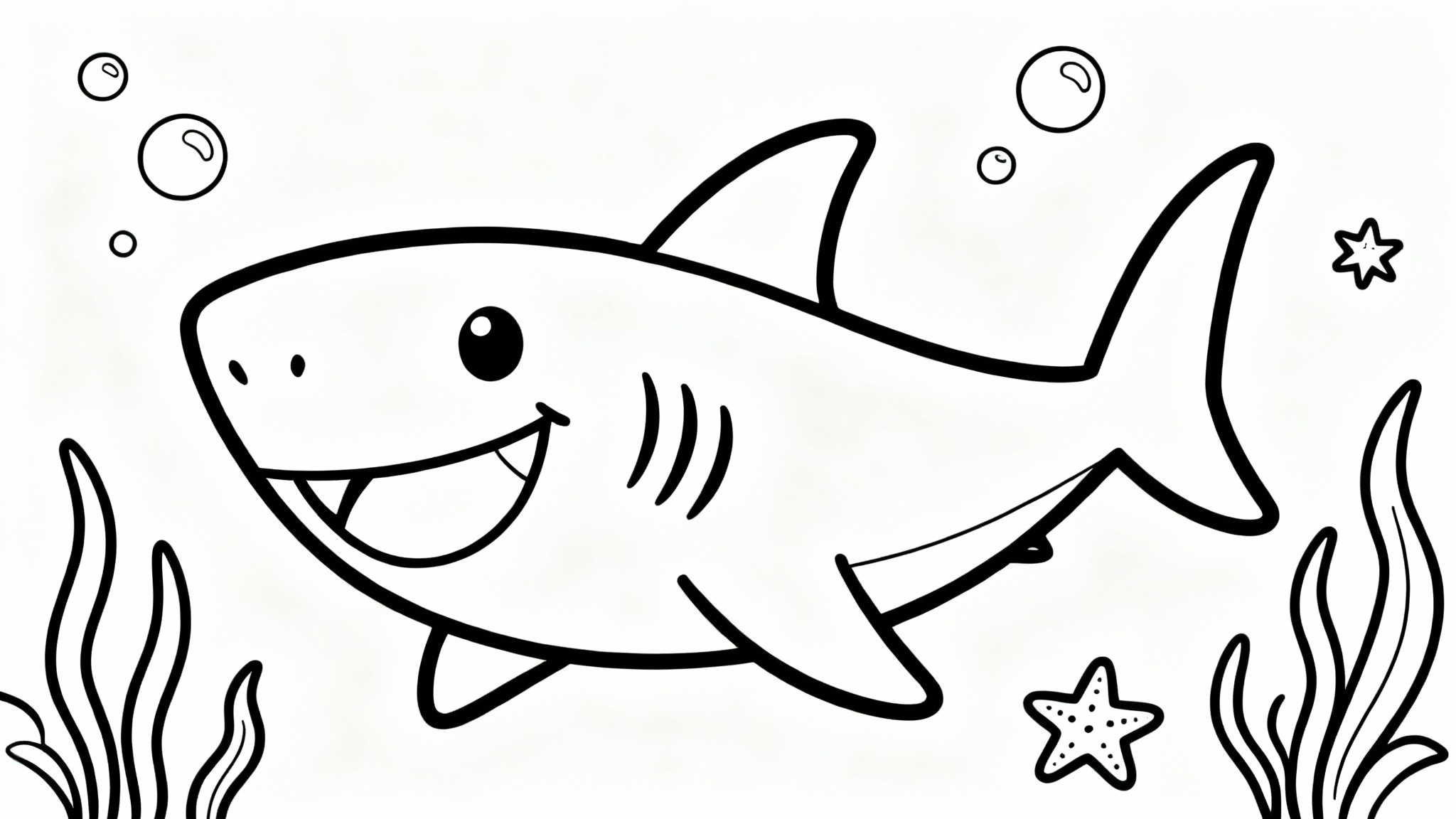 A black and white line art of a shark coloring page, featuring a large, smiling cartoon shark with bold outlines, surrounded by bubbles and seaweed on a plain white background.