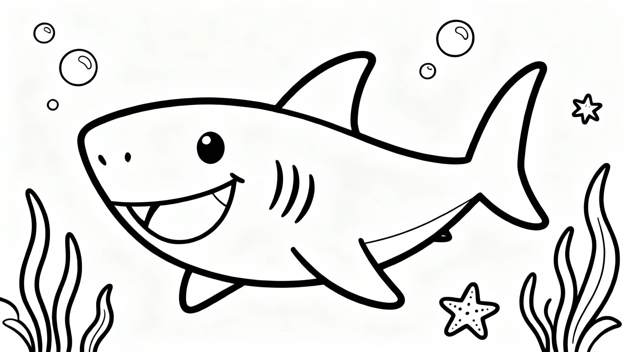 A black and white line art of a shark coloring page, featuring a large, smiling cartoon shark with bold outlines, surrounded by bubbles and seaweed on a plain white background.