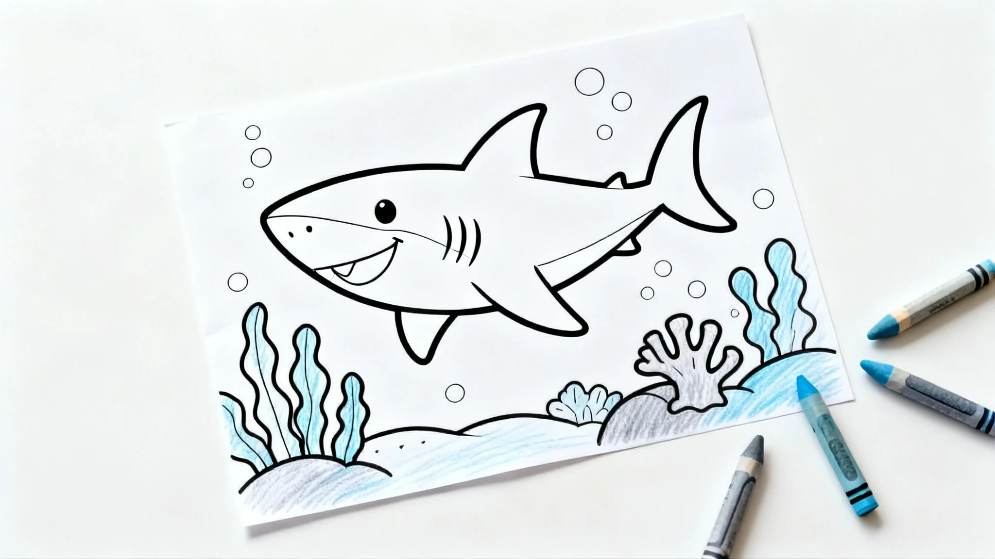 A flat-lay view of a children's shark coloring page, partially colored with crayons, resting on a clean white background.