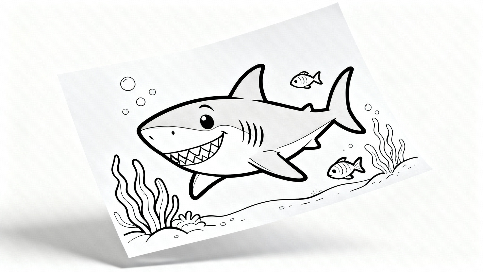 A black and white line art illustration of a friendly shark on a coloring page, surrounded by seaweed and bubbles.