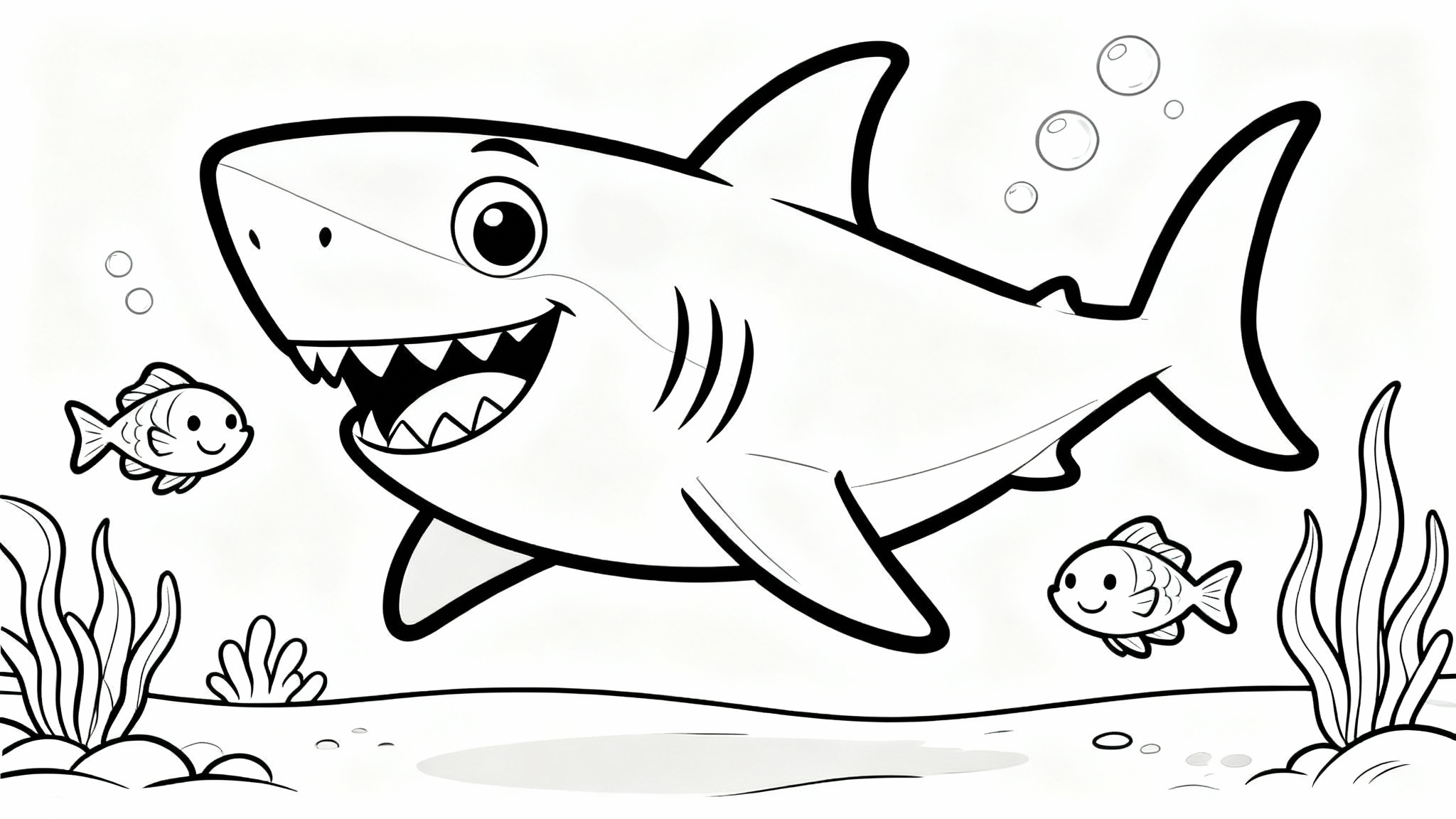 A black and white line drawing of a friendly shark for a children's coloring page, surrounded by fish and seaweed on a white background.