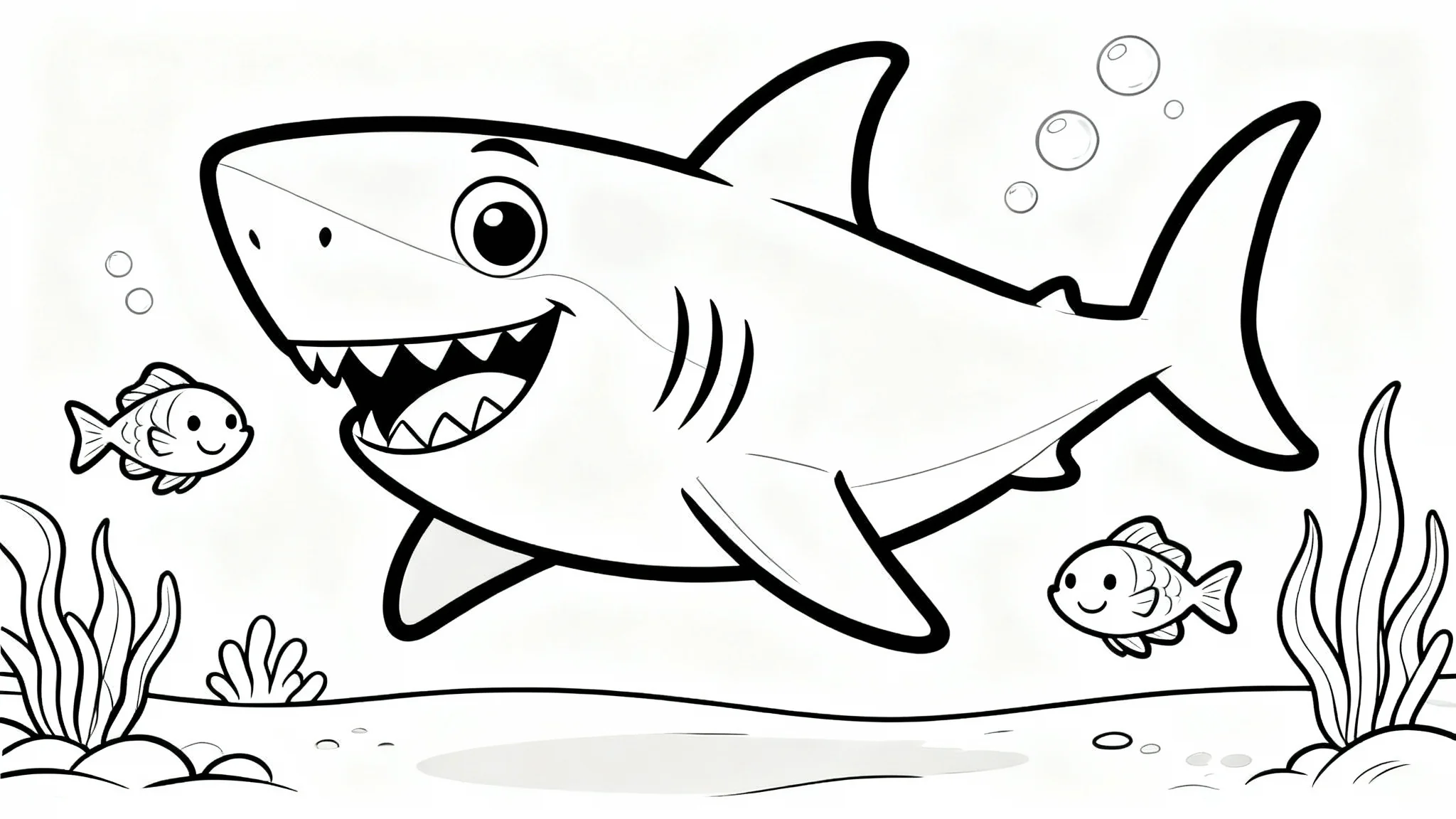 A black and white line drawing of a friendly shark for a children's coloring page, surrounded by fish and seaweed on a white background.