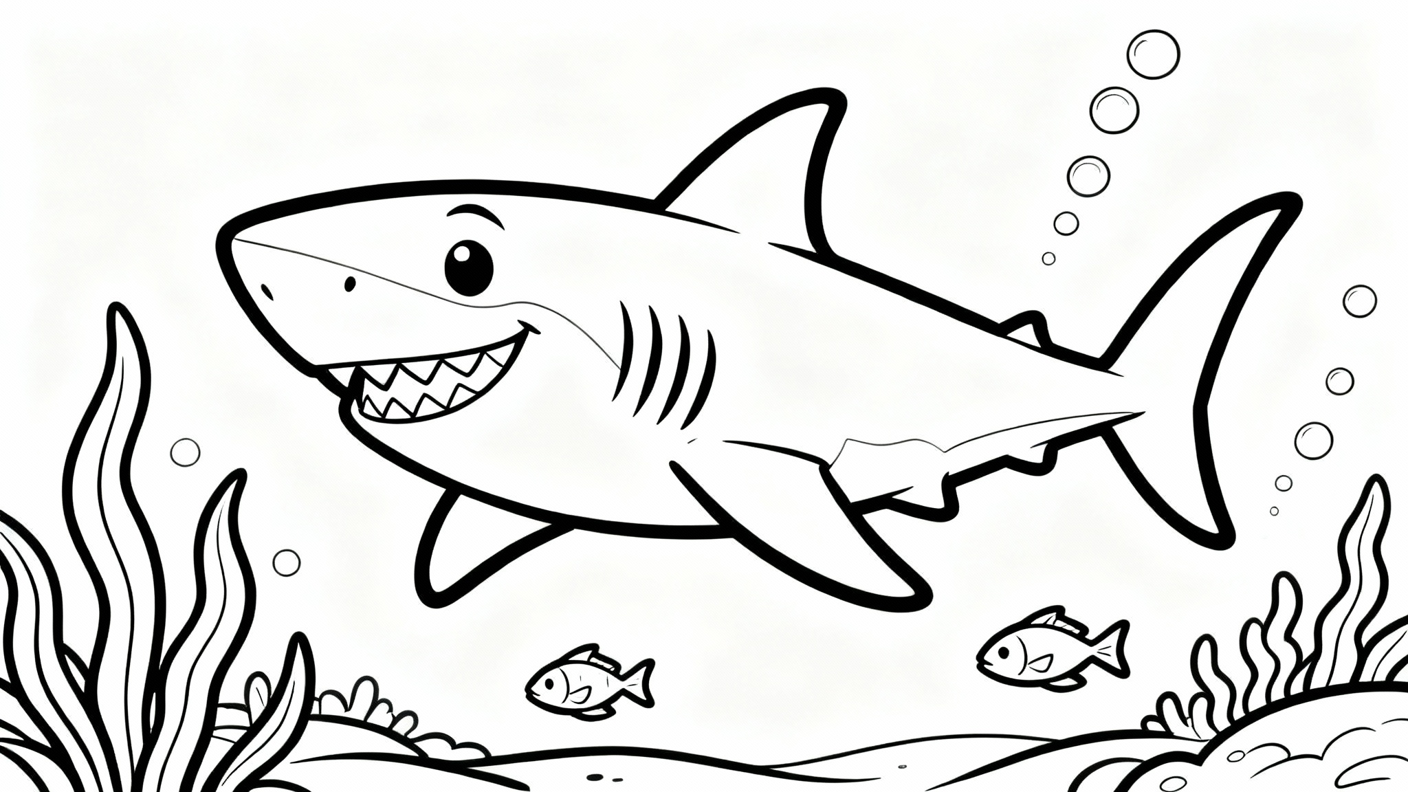 A black and white coloring page for children, featuring a friendly-looking shark swimming in the ocean with seaweed and small fish, ready to be colored in.
