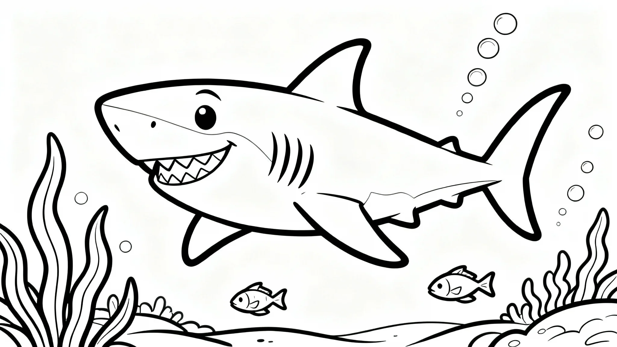 A black and white coloring page for children, featuring a friendly-looking shark swimming in the ocean with seaweed and small fish, ready to be colored in.