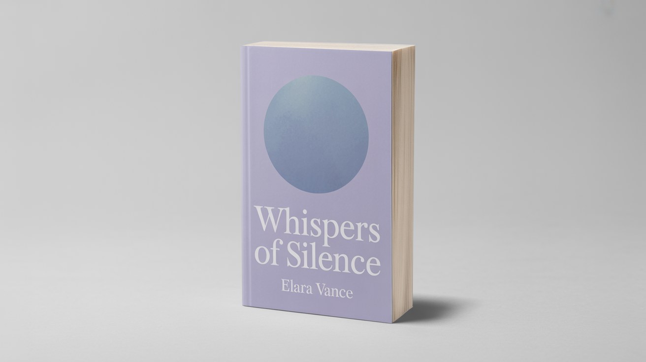 A photorealistic hero image of a minimalist book cover for a title called 'Whispers of Silence'. The book is shown as a physical product, angled slightly, and features a large muted blue circle on a pastel background.