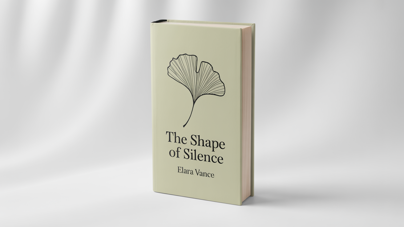 A minimalist book cover design on a cream-colored hardcover book, featuring a simple black line drawing of a ginkgo leaf and the title 'The Shape of Silence' by Elara Vance.