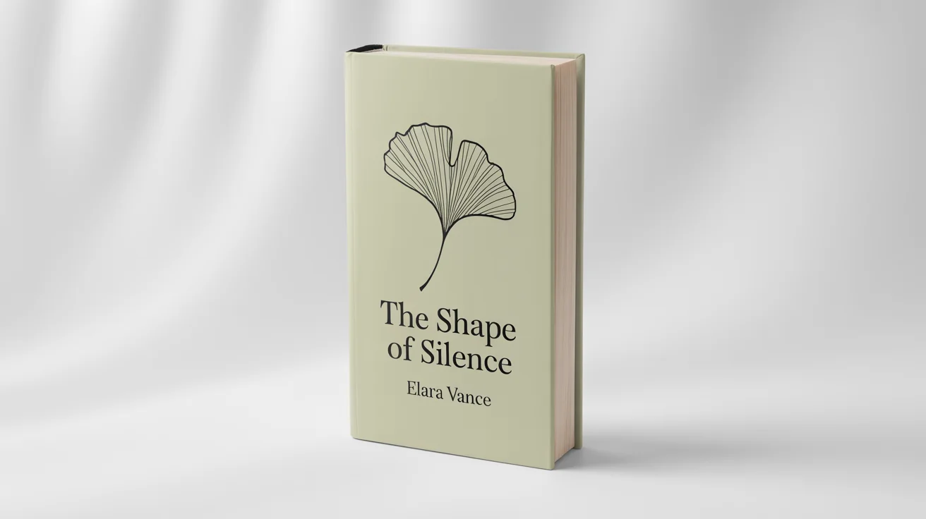 A minimalist book cover design on a cream-colored hardcover book, featuring a simple black line drawing of a ginkgo leaf and the title 'The Shape of Silence' by Elara Vance.