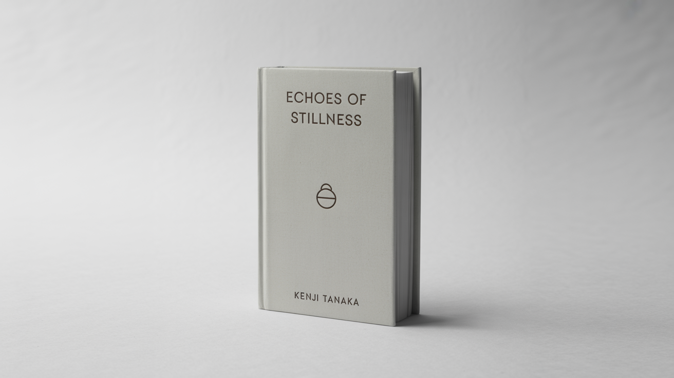 A photorealistic mockup of a minimalist hardcover book with an off-white cover and black text. The book, titled 'Echoes of Stillness' by 'Kenji Tanaka', is standing on a clean white background.